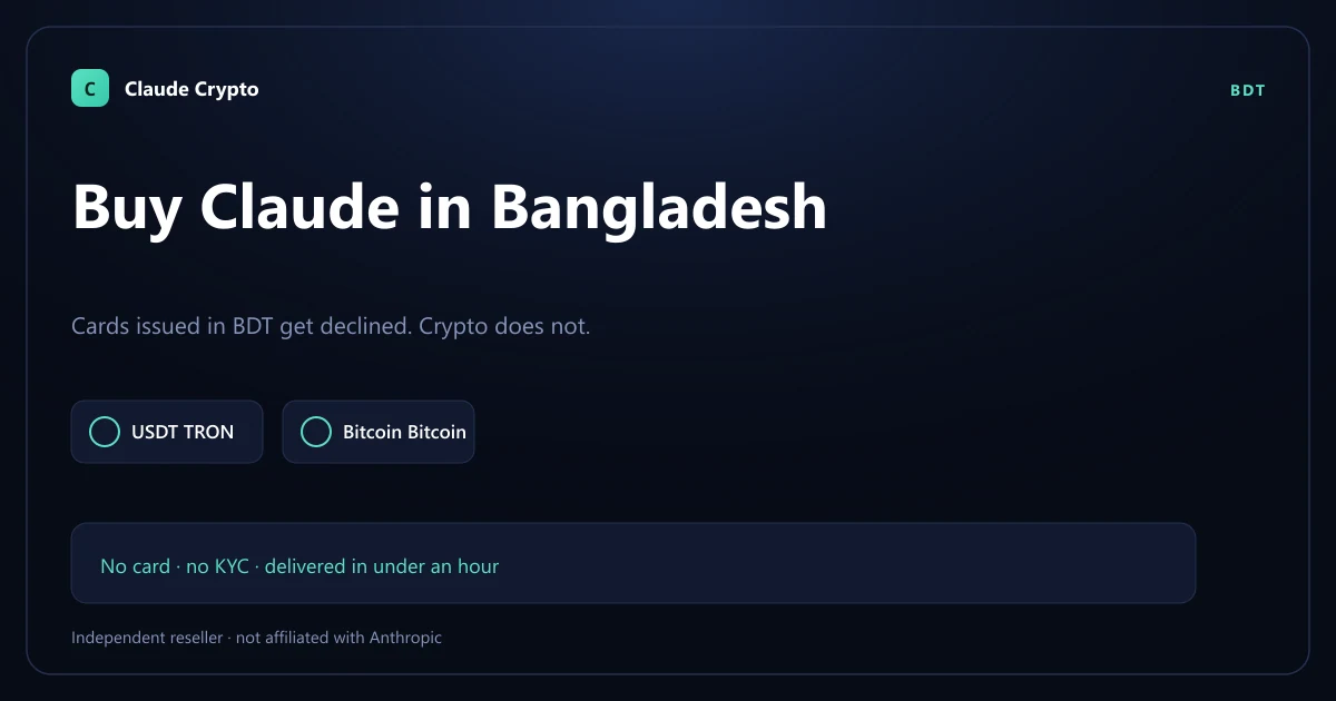 Buy Claude Pro in Bangladesh with crypto — BDT cards are declined at Anthropic's checkout, so pay with USDT, Bitcoin or Monero instead, no KYC.