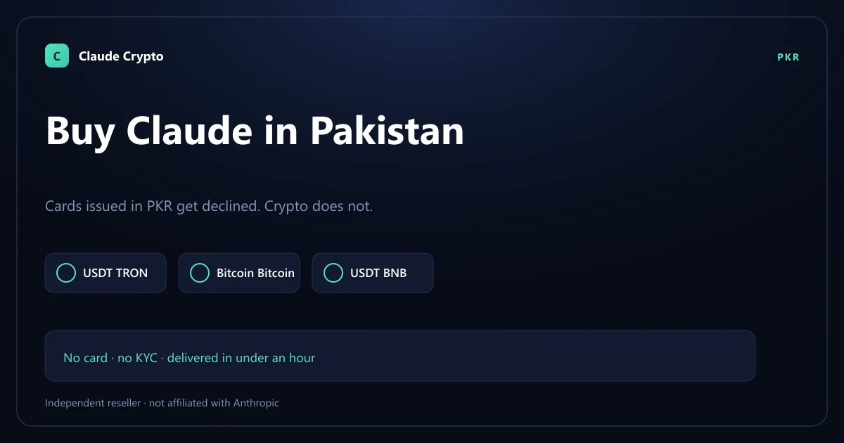 Buy Claude Pro in Pakistan with crypto — PKR cards are declined at Anthropic's checkout, so pay with USDT, Bitcoin or Monero instead, no KYC.