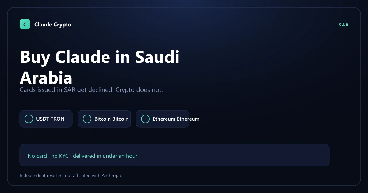 Buy Claude Pro in Saudi Arabia with crypto — SAR cards are declined at Anthropic's checkout, so pay with USDT, Bitcoin or Monero instead, no KYC.