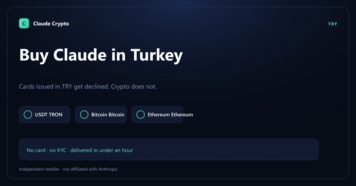 Buy Claude Pro in Turkey with crypto — TRY cards are declined at Anthropic's checkout, so pay with USDT, Bitcoin or Monero instead, no KYC.