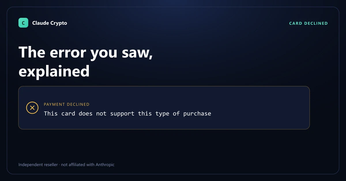 Claude checkout error "This card does not support this type of purchase" shown as a declined payment dialog — what the error means and how to buy Claude Pro with crypto instead.