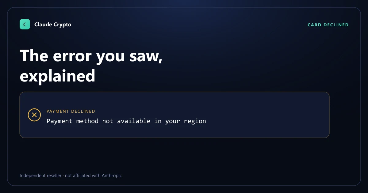 Claude checkout error "Payment method not available in your region" shown as a declined payment dialog — what the error means and how to buy Claude Pro with crypto instead.