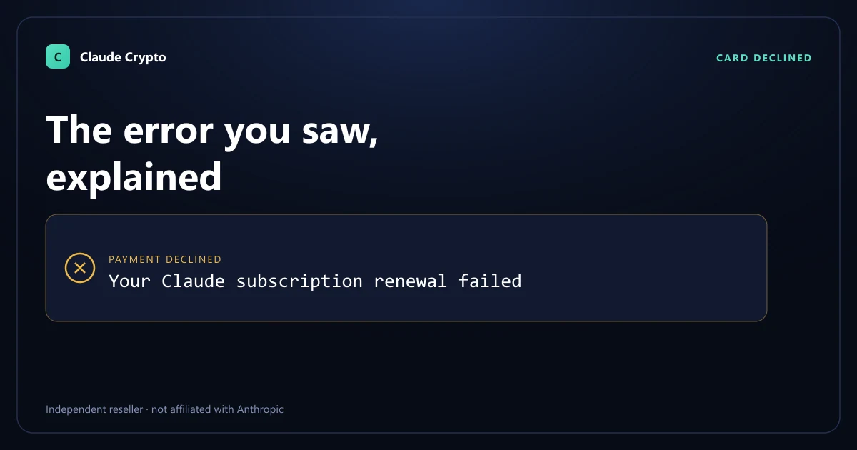 Claude checkout error "Your Claude subscription renewal failed" shown as a declined payment dialog — what the error means and how to buy Claude Pro with crypto instead.